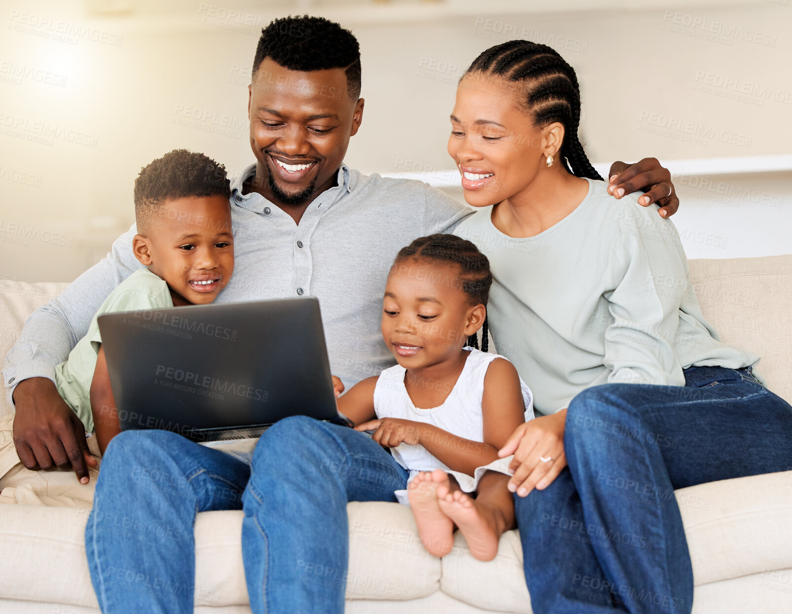 Buy stock photo Sofa, black family and happy with laptop for movie streaming at home to relax and bond. Smile, couch and mother, father and children browsing on a computer for a film subscription on the internet