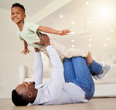 Buy stock photo Dad, child and airplane play on floor, fun and bonding in childhood, love and smile for freedom. Happy, father and son at home, flying and portrait or support, joy and excited for fantasy game