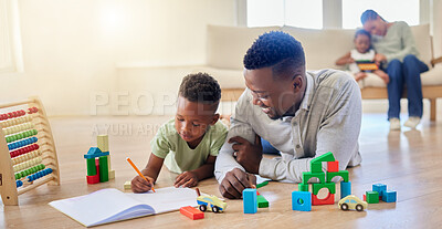 Buy stock photo Family, man and boy with book for learning in home for child growth, development or milestone. Black person, kid and together for toys by education, teaching or motor skill by lying, floor and lounge