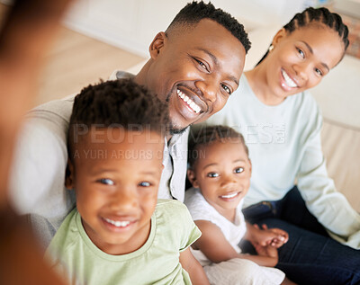 Buy stock photo Selfie, happy family and children with smile in home for profile picture, social media and post. Parents, brother and sister with excitement with memory, bonding and together on sofa in living room