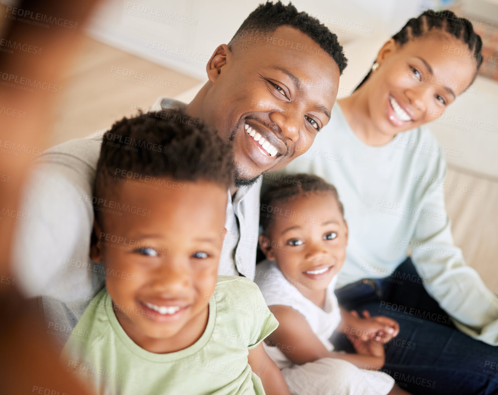 Buy stock photo Selfie, happy family and children with smile in home for profile picture, social media and post. Parents, brother and sister with excitement with memory, bonding and together on sofa in living room