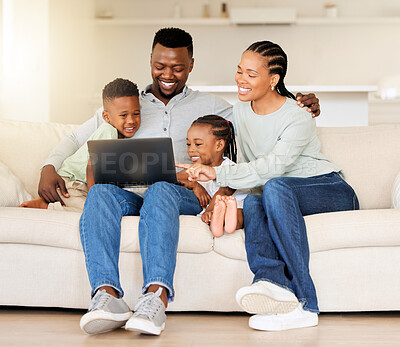 Buy stock photo Happy family, laptop and streaming with smile on sofa for entertainment, video or movie. Black man, woman and children in laugh for funny joke on technology by internet, website or app in living room