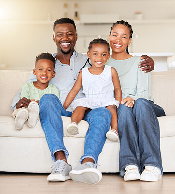 Buy stock photo Happy family, portrait or love on sofa, care or together with wellness in living room. Black people, woman or man with children for smile face, relax bonding or weekend for gratitude support in house