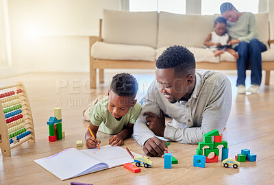 Buy stock photo Family, man and boy with book on floor, lying and living room with love, care and support for education. Father, son and together with toy, blocks or pen for child development, growth or learning