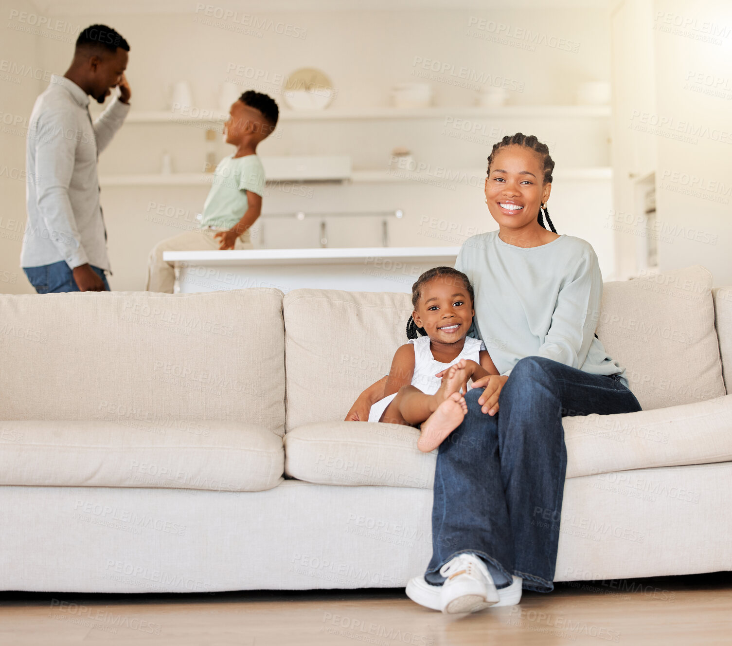 Buy stock photo Happy mother, portrait and child on sofa of black family in relax for bonding, holiday or weekend at home. African mom hug or smile with kid for summer break in living room together on couch at house