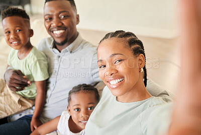 Buy stock photo Selfie, happy family and children in home for social media, profile picture or post. Black people, little girl and boy with smile in excitement for memory, bonding and together on sofa in living room
