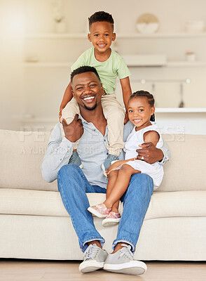 Buy stock photo Black family, portrait and smile on sofa with love, bonding and relationship in living room of home. Face, father and children with happiness and embrace on couch of lounge for relax, peace and care