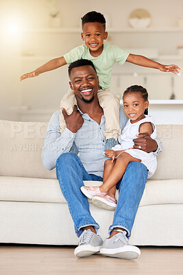 Buy stock photo Happy father, portrait and children on sofa of black family in relax for bonding, holiday or weekend at home. African dad smile with kids for summer break in living room together on couch at house