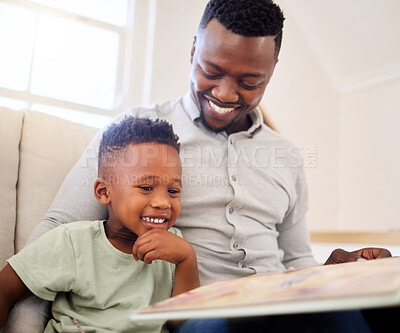Buy stock photo Happy dad, reading and child in home with a book on sofa for development of language, education and learning. Father, teaching and show kid a storytelling in books and relax in living room on couch