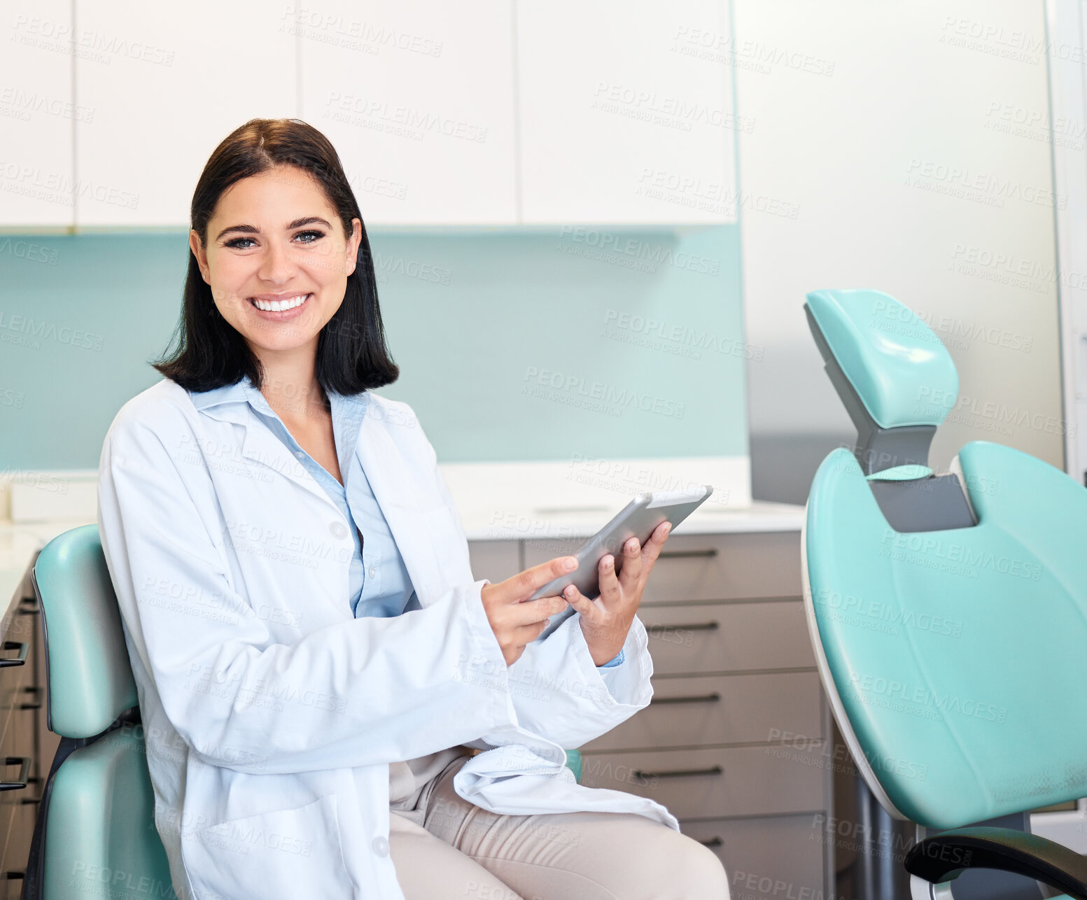 Buy stock photo Smile, tablet and portrait of woman dentist with confidence in her office doing research at clinic. Happy, medical and young female orthodontist or dental doctor with digital technology in hospital.