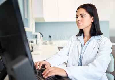Buy stock photo Scientist, woman and computer for research, laboratory test results or typing information in healthcare or medical study. Professional doctor or expert with science report on desktop or database