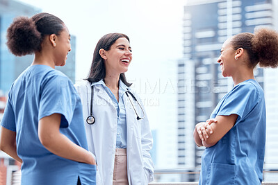 Buy stock photo Medical, doctor and nurse outdoor with laughing for support, trust and collaboration at hospital. Healthcare, professional and women with teamwork, happy and confident for surgery or internship work