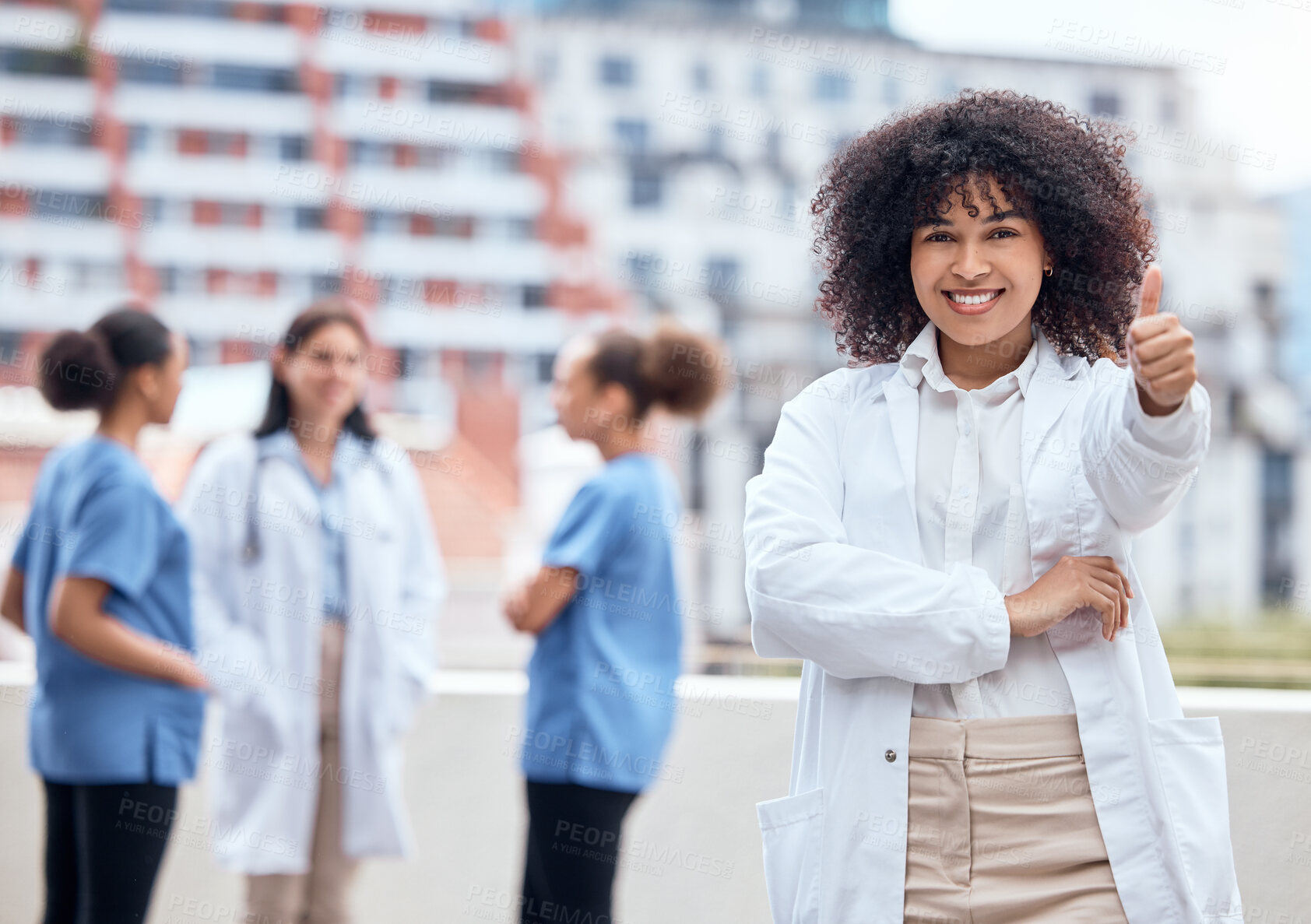 Buy stock photo Thumbs up, portrait and doctor or woman in healthcare support, thank you or excellence for hospital services. African person with like, yes or okay hand or emoji for outdoor clinic success on rooftop