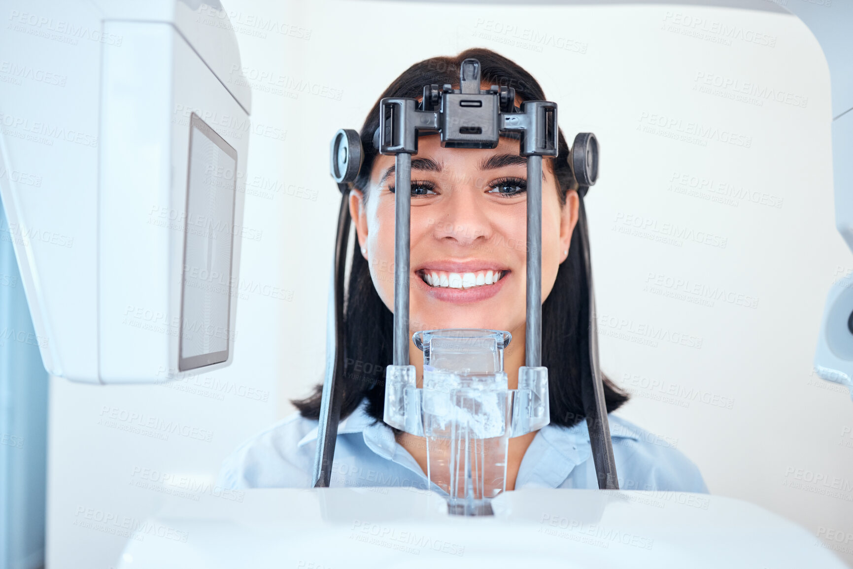 Buy stock photo Woman, portrait and xray machine at dentist for dental appointment, mouth checkup or cleaning at clinic. Happy female person or patient smile in teeth scan for surgery, oral and gum care at hospital