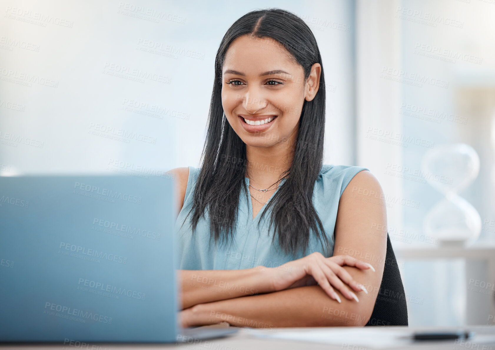 Buy stock photo Business, thinking and woman with a laptop, internet and connection with choice, website info and solution. Agent, person and employee with pc, worker or professional with planning, tech or decision