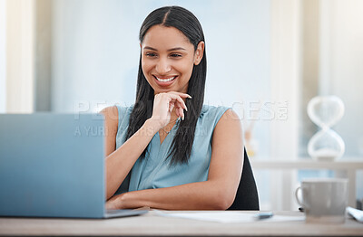 Buy stock photo Business, thinking and woman with a laptop, smile and connection with internet, website info and solution. Office, person and employee with pc, worker and professional with planning, tech and choice