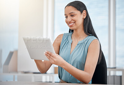 Buy stock photo Happy business woman, tablet and office at desk for communication, social media or networking. Female person or employee smile on technology in online search, chatting or texting at workplace