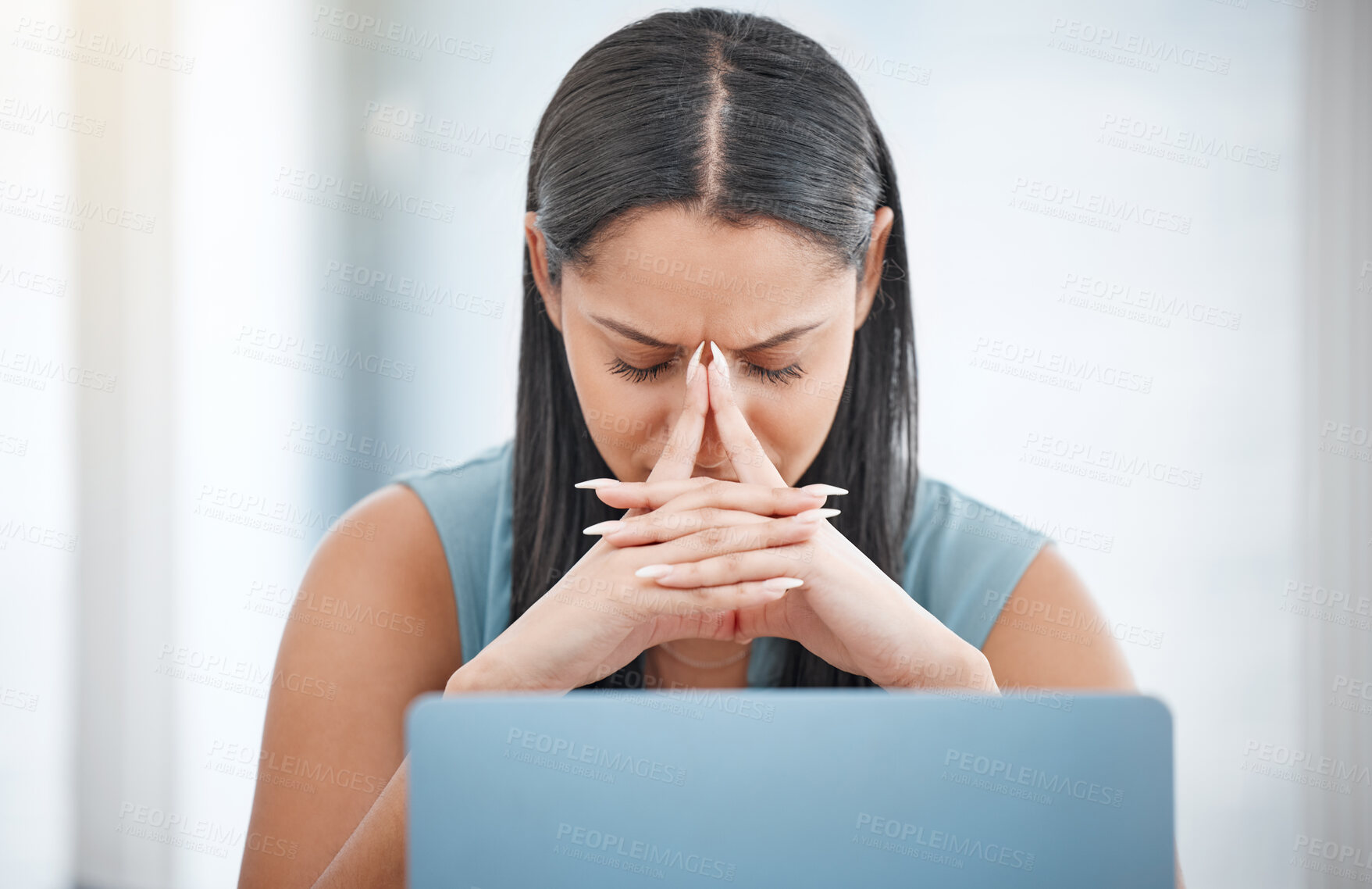 Buy stock photo Frustrated business woman, laptop and headache in mistake, stress or anxiety and mental health at office. Female person or employee with migraine in depression, overworked or burnout at workplace