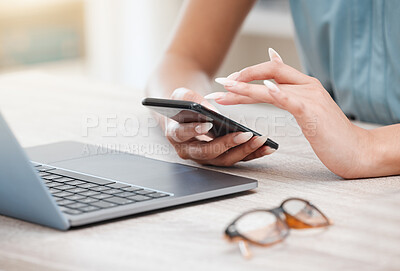 Buy stock photo Hands, phone and a business woman at a desk in her office for communication, networking or search. Laptop, planning and glasses with an employee typing a text message closeup in the workplace