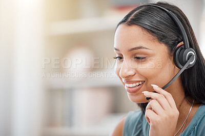 Buy stock photo Telemarketing, headset and happy business woman face in contact center, callcenter consultation or tech support. Help desk customer care, mockup space and telecom agent consulting on lead generation