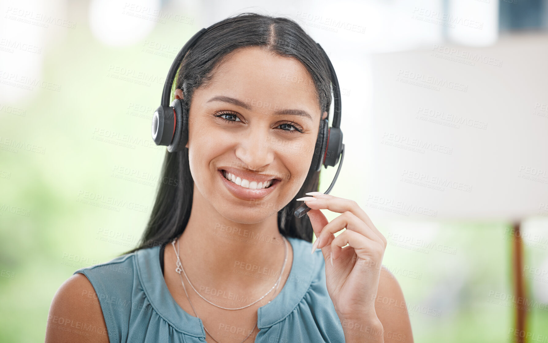Buy stock photo Happy woman, portrait and headphones in call center for customer service, support or telemarketing at office. Face of friendly female person, consultant or agent smile for online advice at workplace