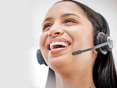 Buy stock photo Telemarketing headset, professional face and happy woman laugh at funny sales pitch, callcenter joke or consultation humour. Customer care, outsourcing or closeup consultant talking on help desk mic
