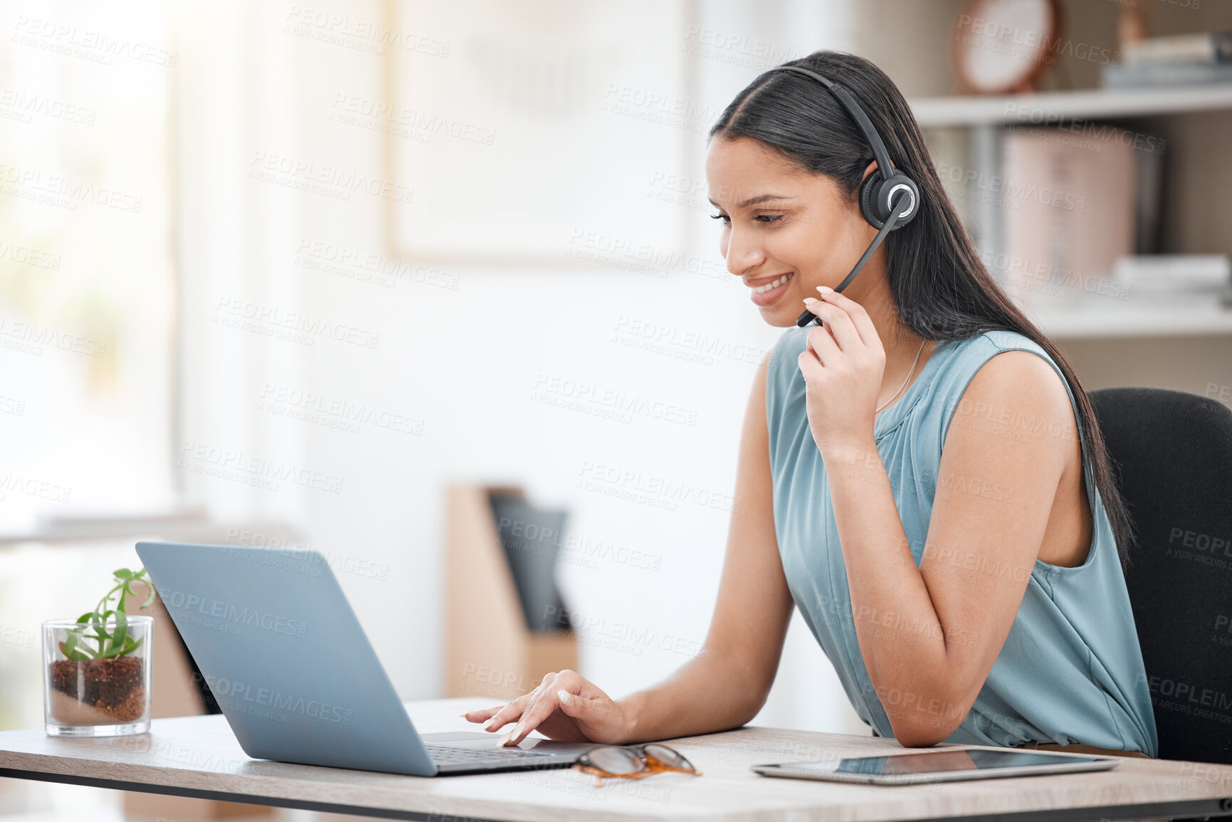 Buy stock photo Telemarketing, laptop and happy business woman reading contact center info, callcenter feedback or tech support. Help desk customer care, sales numbers and telecom agent consulting on lead generation