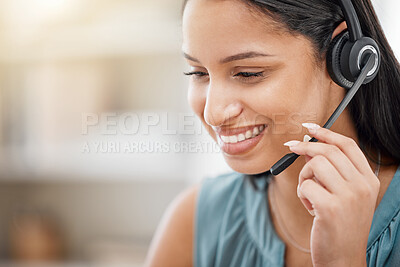 Buy stock photo Telemarketing, discussion and happy business woman face in contact center, callcenter consultation or tech support. Help desk customer care, outsourcing or telecom agent consulting on lead generation