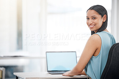 Buy stock photo Laptop screen, mockup and professional happy woman, portrait receptionist or web administration smile for business space. UI website design, agency research and secretary work on online schedule info