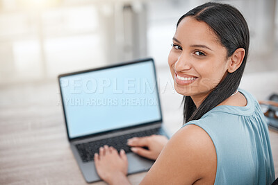 Buy stock photo Laptop, mockup screen and professional happy woman, portrait receptionist or web administration smile for business service. Website space, company database or secretary work on agency schedule agenda