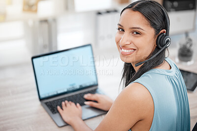 Buy stock photo Call center laptop screen, portrait and happy woman in business ecommerce, bank CRM administration or customer support. Help desk receptionist, online outsourcing UI and mockup lead generation space