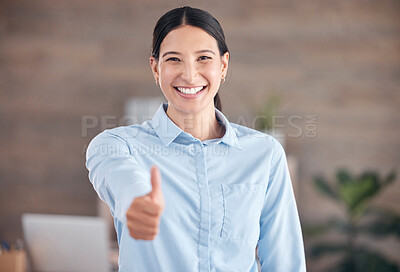 Buy stock photo Happy business woman, portrait and thumbs up in winning, success or good job at office. Female person or employee smile for like emoji, yes sign or OK in approval, agreement or thank you at workplace