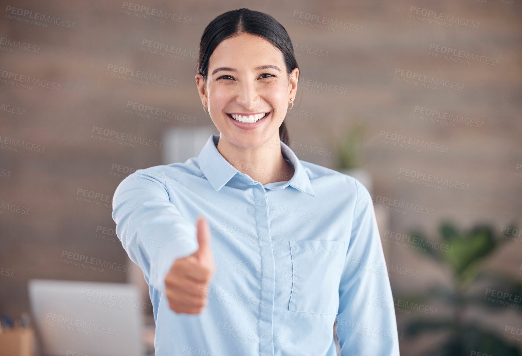 Buy stock photo Happy business woman, portrait and thumbs up in winning, success or good job at office. Female person or employee smile for like emoji, yes sign or OK in approval, agreement or thank you at workplace