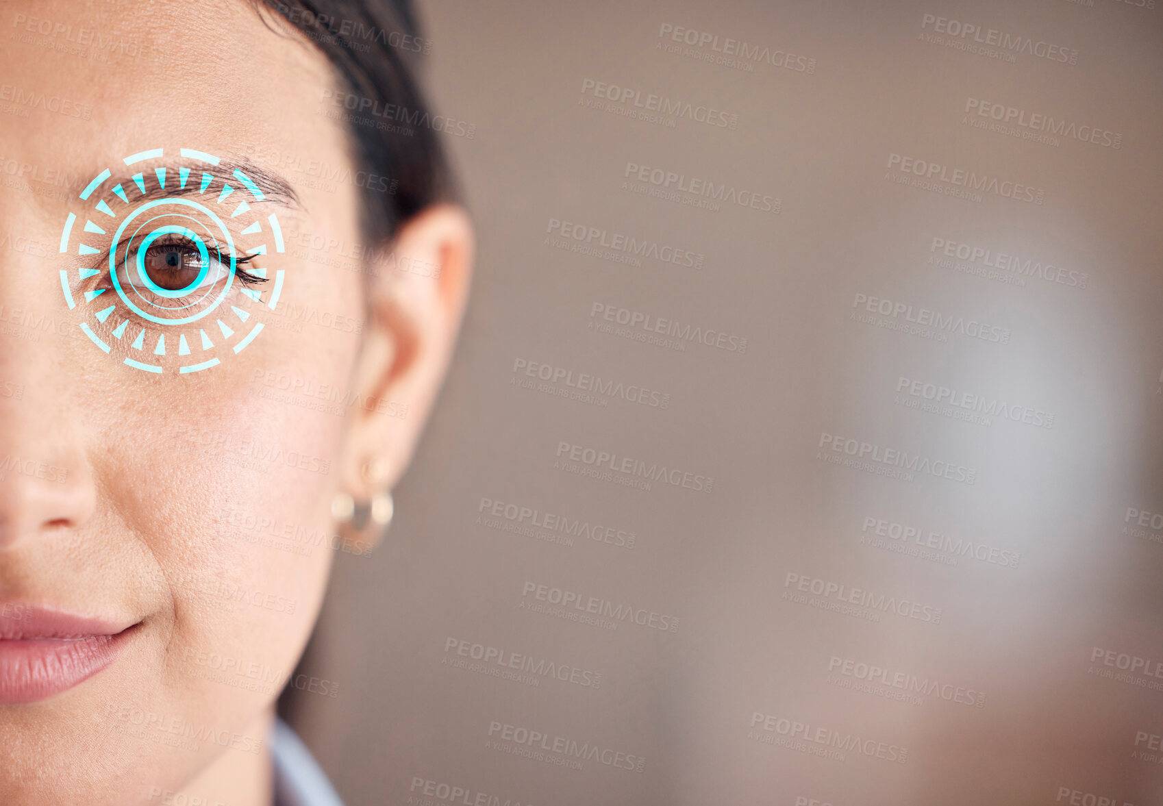 Buy stock photo Woman, face and eye scan in cybersecurity, verification or biometrics at office on mockup space. Closeup portrait of female person scanning retina or sight for identity, visual or access at workplace