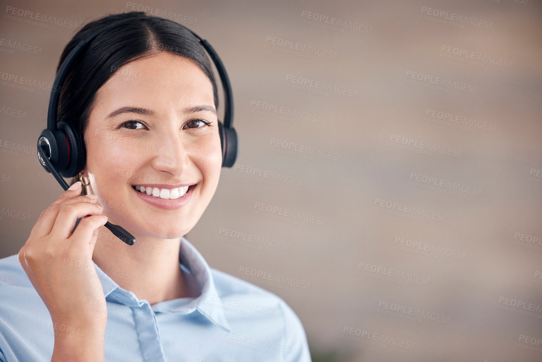 Buy stock photo Portrait, woman and smile in call center for customer service, CRM contact or telemarketing advice at mockup space. Happy telecom consultant, microphone and help in sales, IT questions or FAQ support