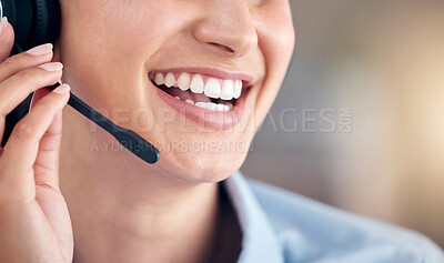 Buy stock photo Mouth, woman and smile in call center for telemarketing, customer service or advisory help, CRM questions and FAQ contact. Closeup, face and microphone of happy sales agent for telecom or IT support