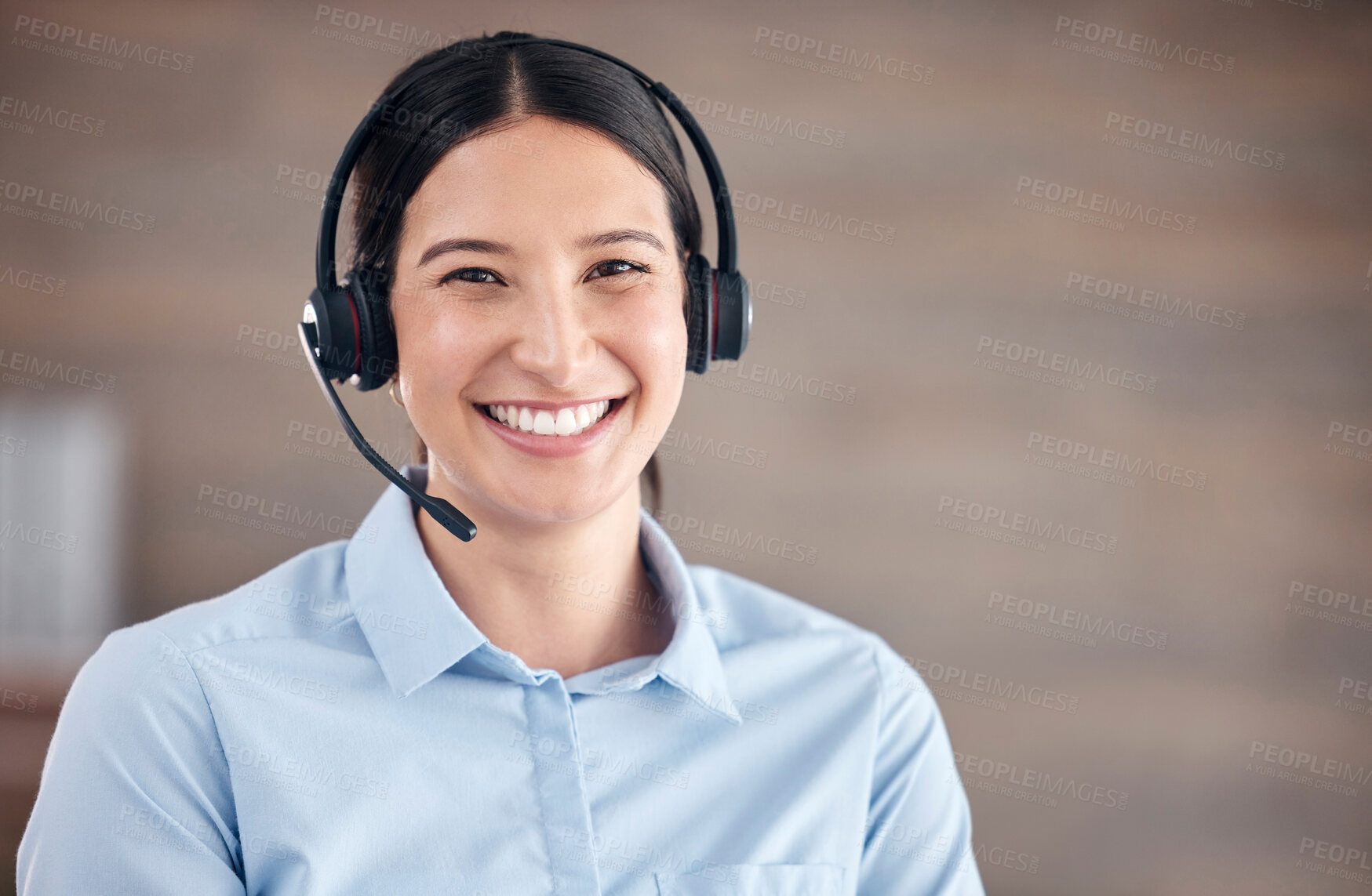 Buy stock photo Portrait, woman and smile in call center for telemarketing, customer service and advisory contact, CRM help and FAQ support. Face, microphone and happy telecom consultant for sales, IT and questions