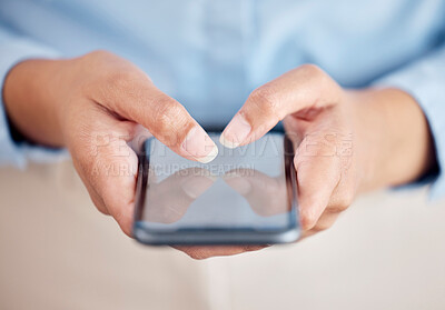 Buy stock photo Business woman, phone and hands typing for communication, social media or networking at office. Closeup of female person or employee on mobile smartphone for online texting or chatting at workplace