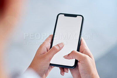 Buy stock photo Business woman, phone and hands on mockup screen for communication, social media or networking at office. Closeup of female person or employee typing on mobile smartphone display for app at workplace