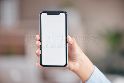 Unrecognizable woman showing cell phone with mockup, advertising application or website, promoting online product or service over blue background, closeup