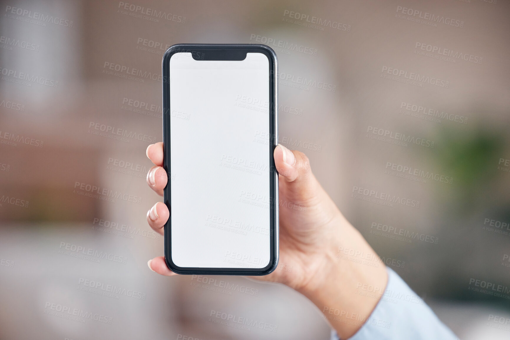 Buy stock photo Woman, phone and hand with mockup screen for advertising, social media or marketing at office. Closeup of female person or employee showing mobile smartphone display, copy space or app at workplace