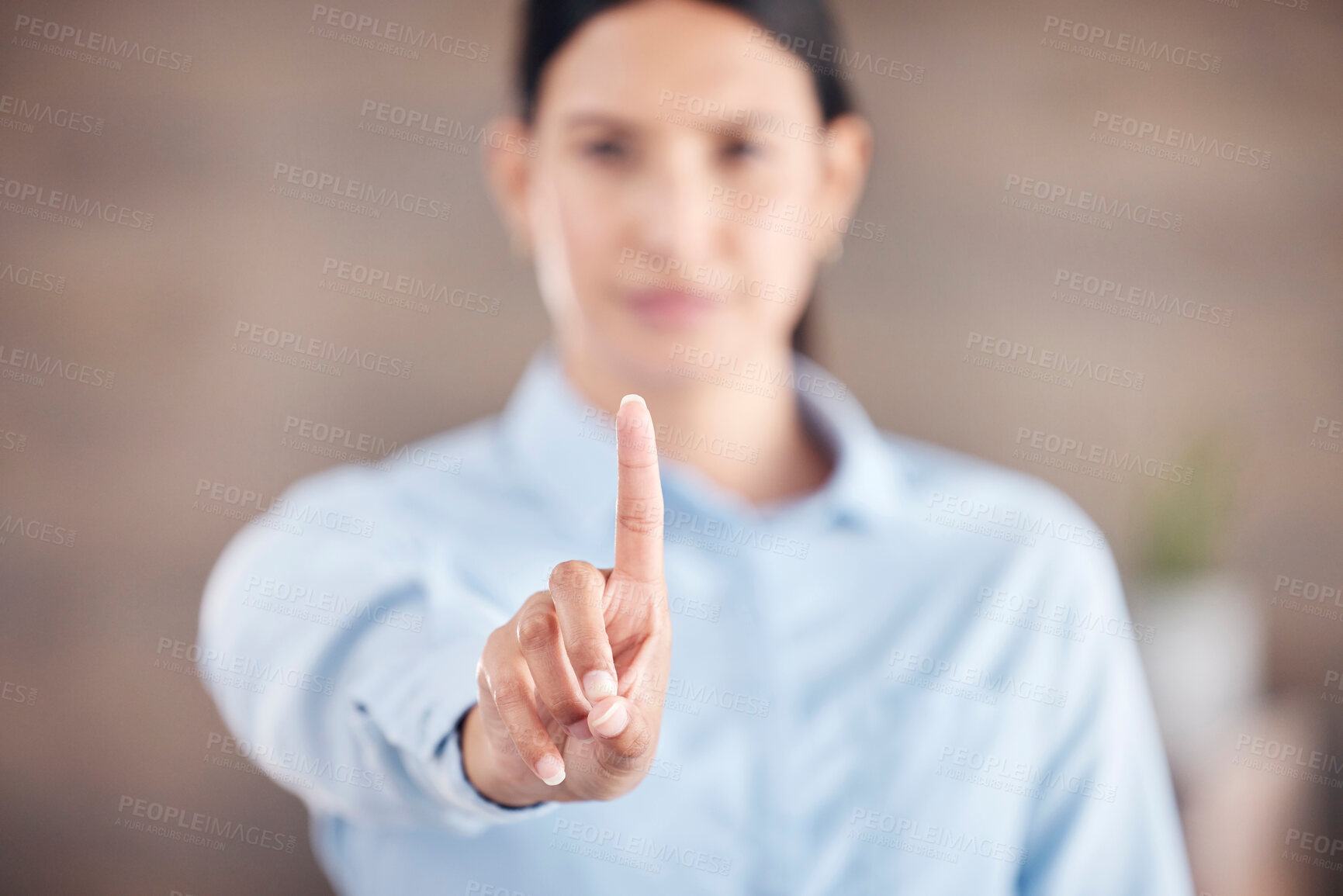 Buy stock photo Business woman, hand and stop for wait, no or halt in gesture, protest or take a stand at office. Closeup of female person or employee showing finger for negative sign or disapproval at workplace