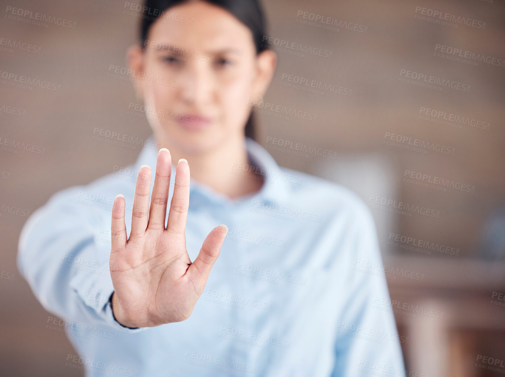 Buy stock photo Business woman, hand and stop for protest, wait or halt with no gesture or take a stand at office. Closeup of female person or employee showing palm for negative sign or disapproval at workplace