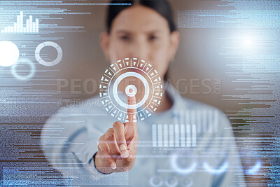 Buy stock photo Business woman, fingerprint and screen hologram for biometric, cybersecurity and data analysis or statistics. Professional analyst press or hand for password, identity and  gdpr on a digital overlay