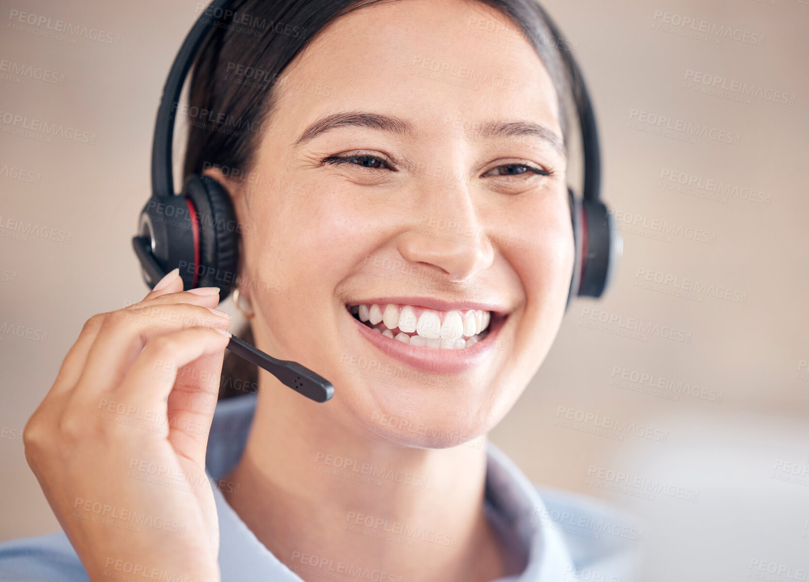 Buy stock photo Call center, face of woman or smile for customer service, CRM contact or telemarketing advice. Happy telecom consultant, microphone or communication at help desk in sales, IT questions or FAQ support