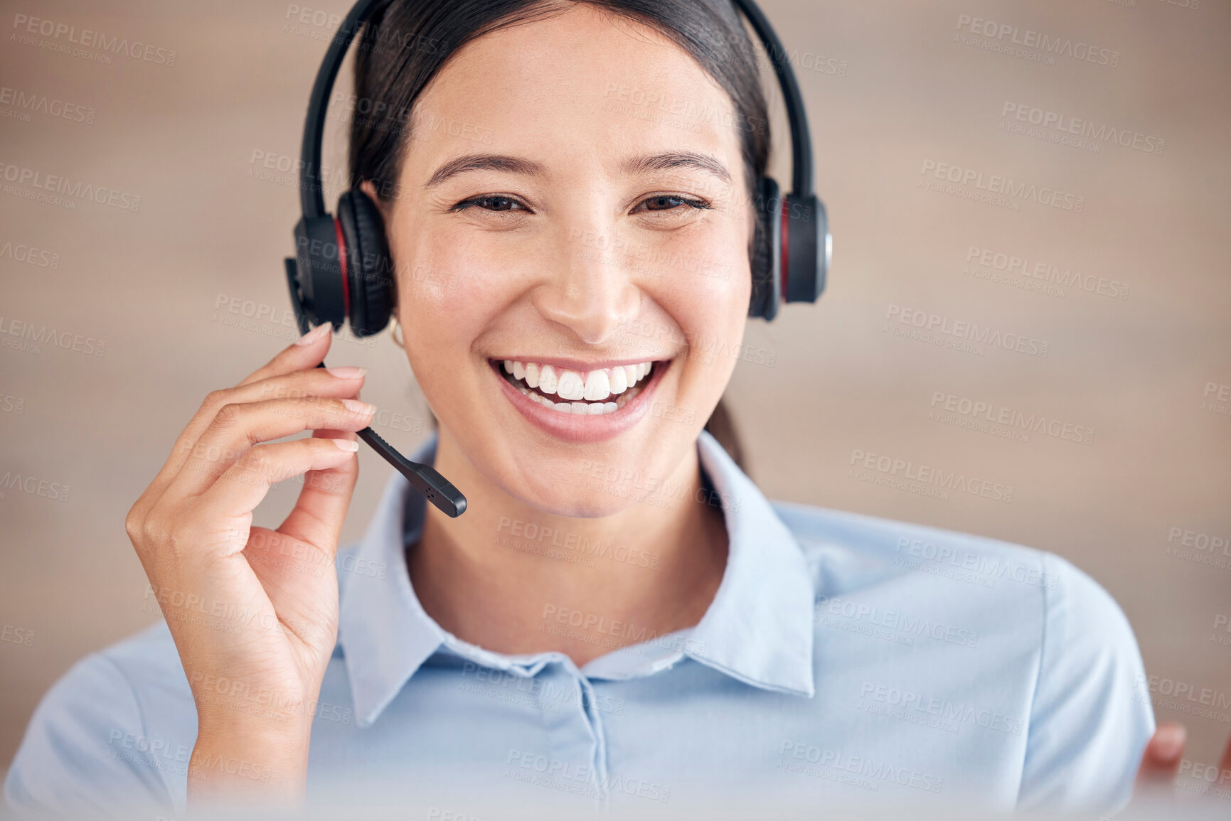 Buy stock photo Call center, woman and smile for online customer service, CRM contact or telemarketing advice. Happy telecom consultant, microphone or communication at help desk in sales, IT questions or FAQ support