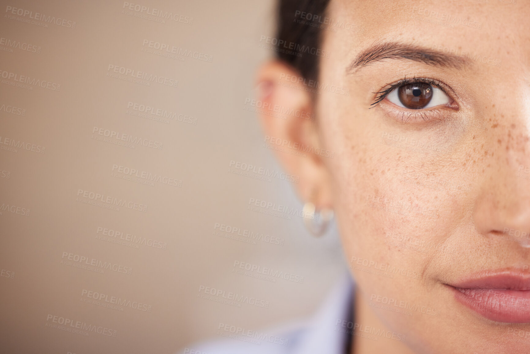 Buy stock photo Closeup, portrait and woman with mockup, eye and freckles with goals, vision and clear vision. Face, female person and model with eye care, split in half and confident with skincare, idea and facial