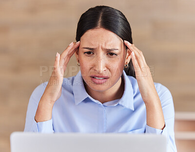 Buy stock photo Business woman, headache and laptop in stress, depression or anxiety for fail or mistake at office. Face of frustrated female person or employee on computer in debt, bankruptcy or doubt at workplace