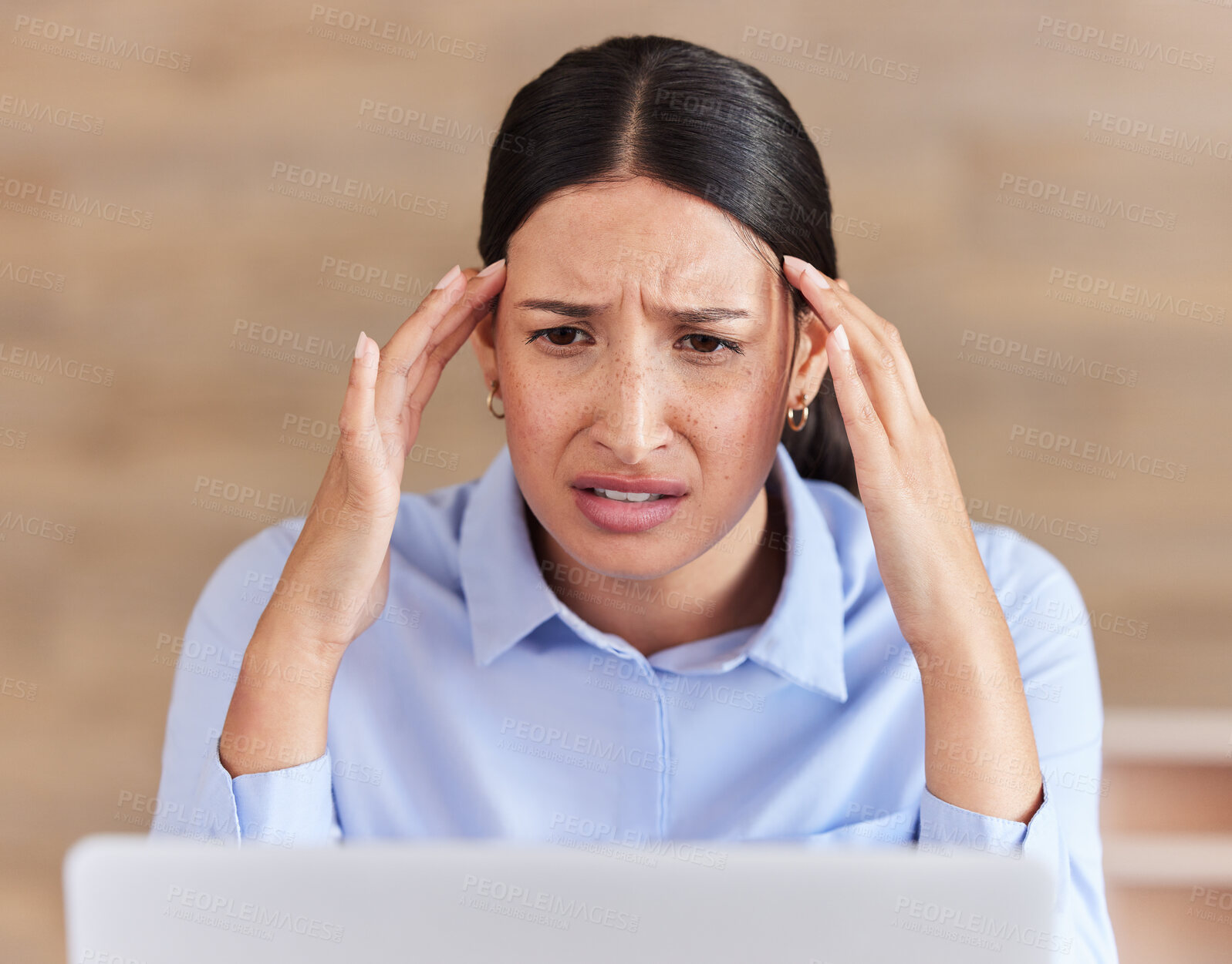 Buy stock photo Business woman, headache and laptop in stress, depression or anxiety for fail or mistake at office. Face of frustrated female person or employee on computer in debt, bankruptcy or doubt at workplace