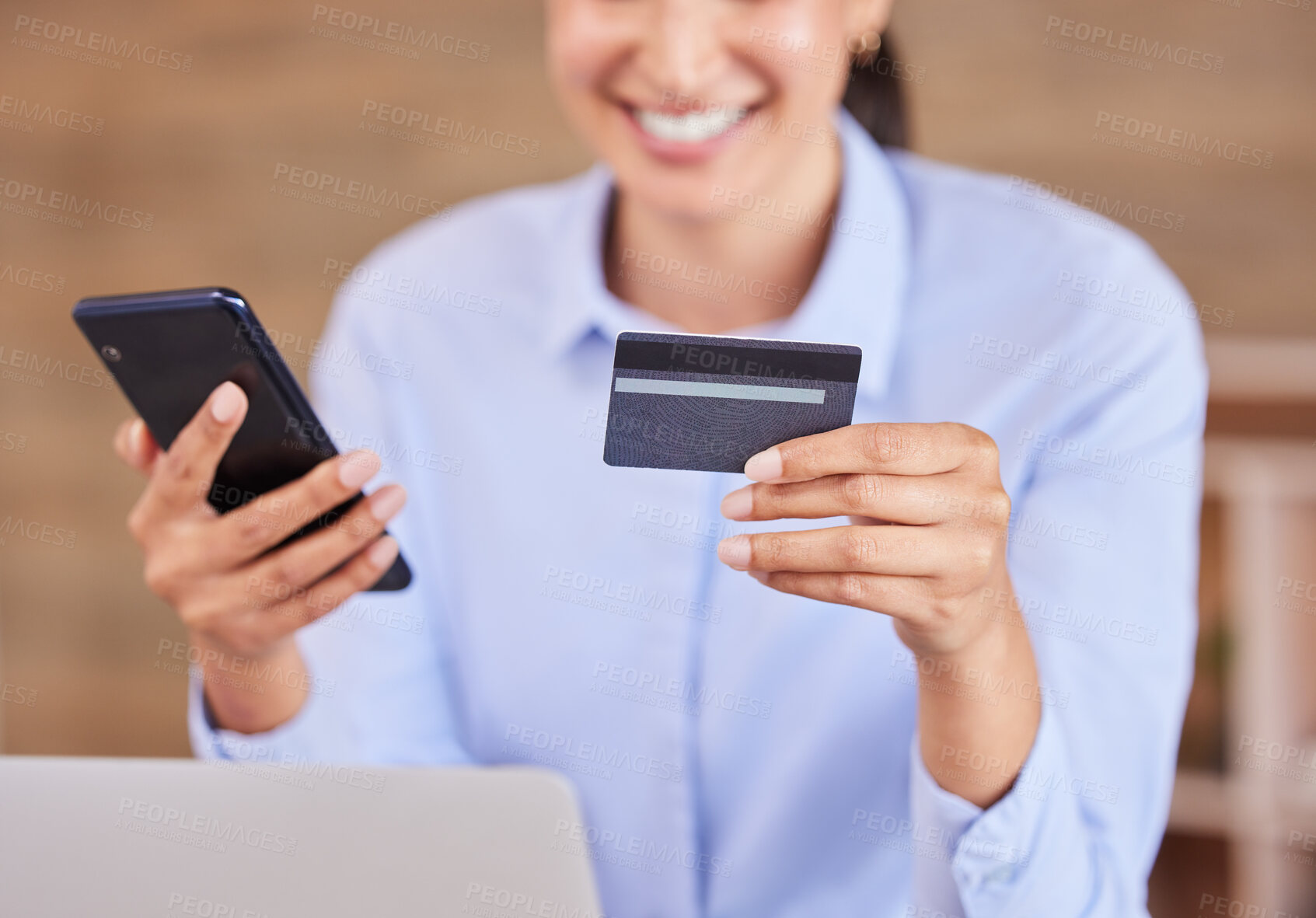 Buy stock photo Business woman, phone and credit card for online shopping, payment or banking at the office. Happy female person, shopper or employee with smile in ecommerce on mobile smartphone at the workplace